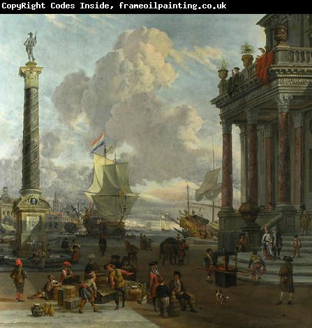 Abraham Storck Southern harbour scene with merchants